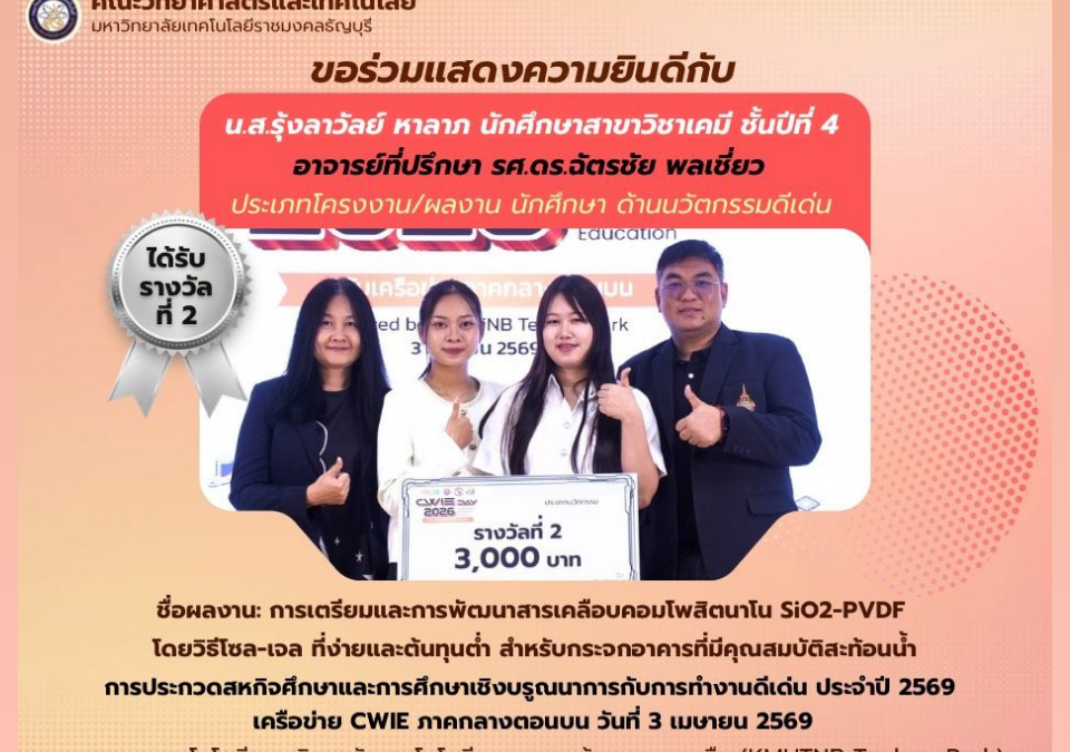ขอแสดงความยินดีกับ นางสาวรุ้งลาวัลย์ หาลาภ ที่ได้รับ รางวัลที่ 2 ประเภทโครงงาน/ผลงานนักศึกษา ด้านนวัตกรรมดีเด่น
