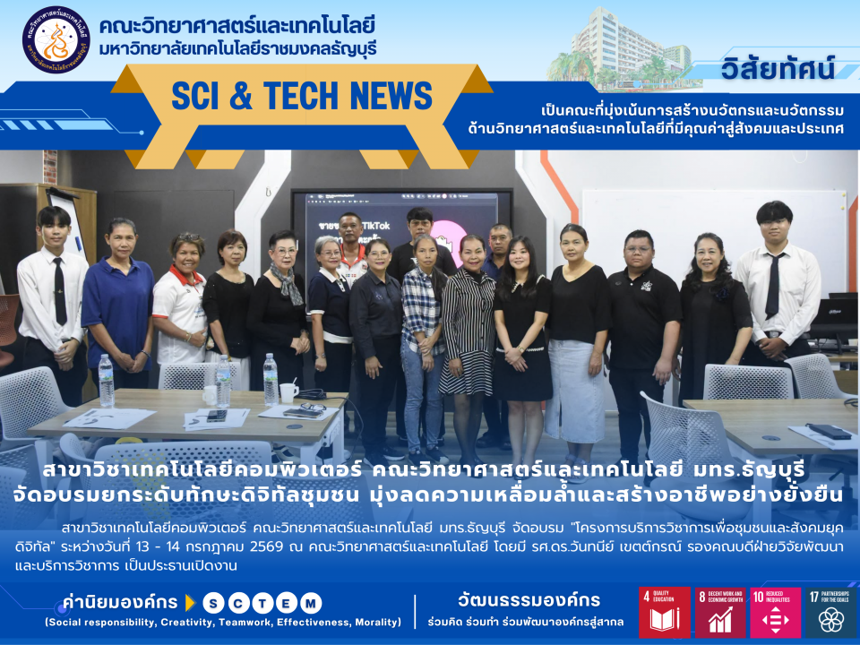 สาขาวิชาเทคโนโลยีคอมพิวเตอร์ คณะวิทยาศาสตร์ฯ มทร.ธัญบุรี จัดอบรมยกระดับทักษะดิจิทัลชุมชน มุ่งลดความเหลื่อมล้ำและสร้างอาชีพอย่างยั่งยืน